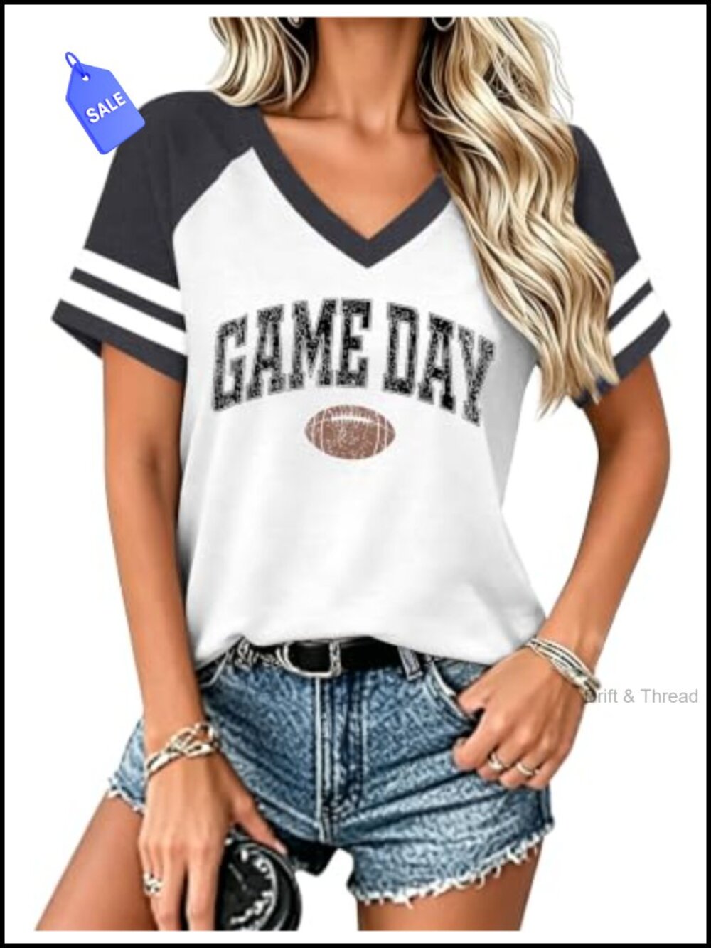 Women's Football Game Day V Neck Short Sleeve Tee Casual Sporty Top